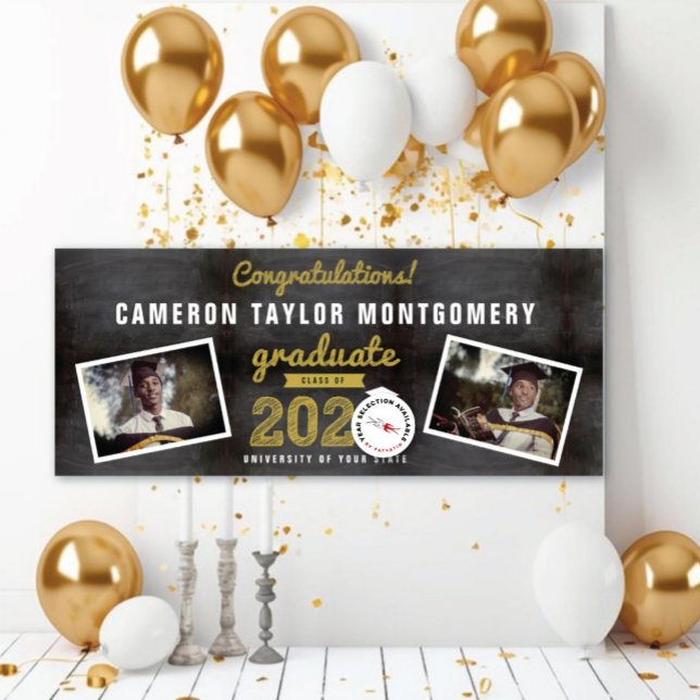 Chalkboard Sketch 2025 Two Foto Graduation Party Banner (20YY Black Chalkboard & Gold Sketch 2 Photo Graduation Party Banner @ www.zazzle.com/color_therapy)