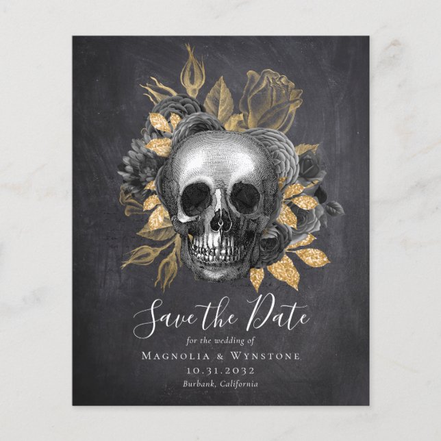 Chalkboard Skull Gold Halloween Save the Date (Vorderseite)