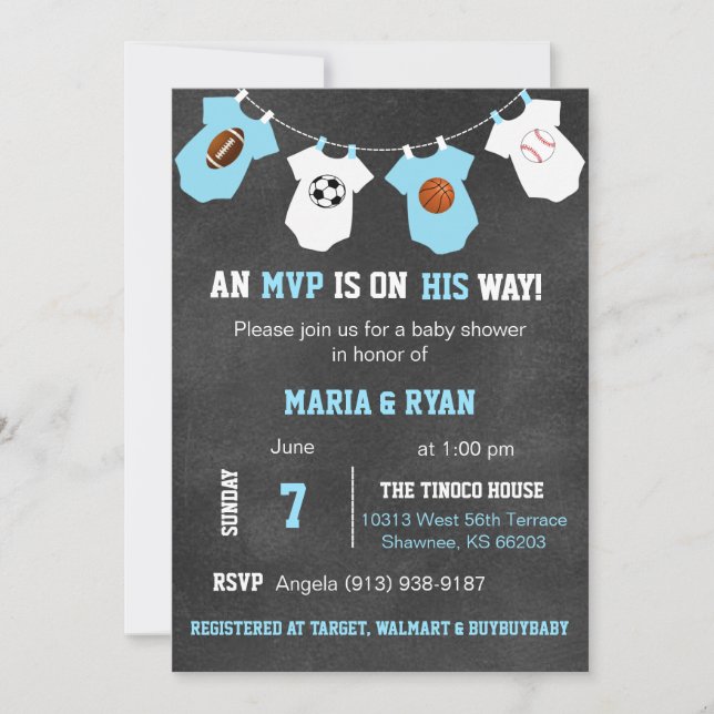 Chalkboard Sports Theme Kinderdusche Einladungen (Vorderseite)