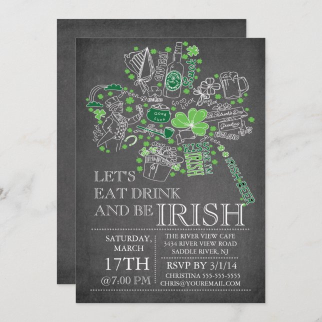 Chalkboard St. Patrick's Day Bash Dinner Party Einladung (Vorne/Hinten)