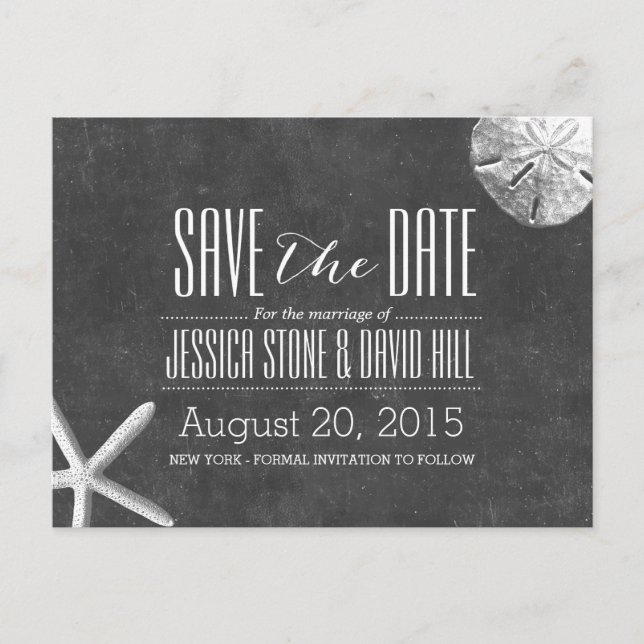 Chalkboard Starfish & Sand Dollar Save the Date Ankündigungspostkarte (Vorderseite)