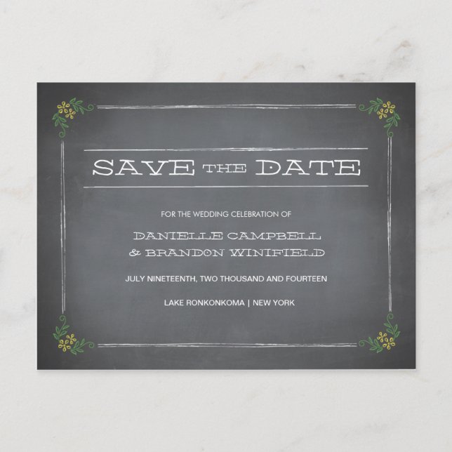 Chalkboard Stencil Yellow Save the Date Ankündigungspostkarte (Vorderseite)