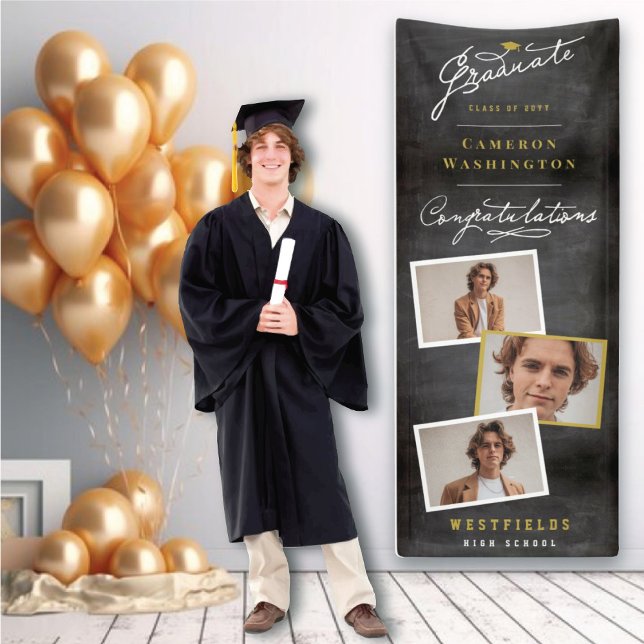 Chalkboard Stilvolle Script 3 Foto Graduation Part Banner (Black Chalkboard Stylish Script 3 Photo Graduation Party Banner @ www.zazzle.com/color_therapy)
