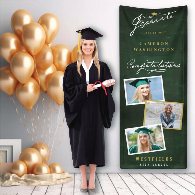 Chalkboard Stilvolle Script 3 Foto Graduation Part Banner (Green Chalkboard Handwriting Script 3 Photo, Graduation Party Banner @ www.zazzle.com/color_therapy)