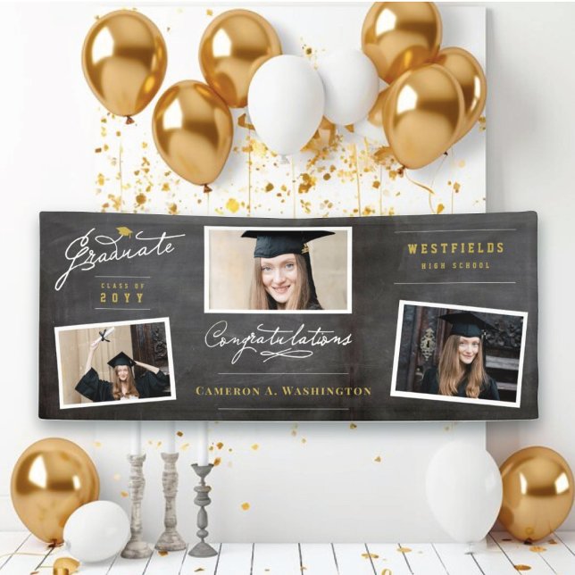 Chalkboard Stilvolle Script 3 Foto Graduation Part Banner (Chalkboard Graduate Script 3 Photo Modern Graduation Party Banner @ www.zazzle.com/color_therapy)