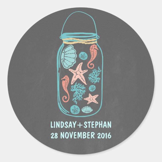 Chalkboard Strand Mason Glas niedliche Hochzeitsau Runder Aufkleber (Vorderseite)