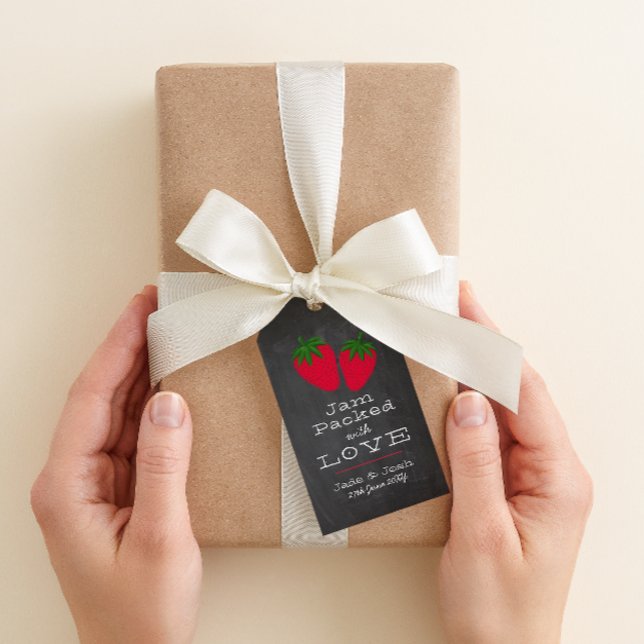 Chalkboard Strawberry Jam Favor Geschenkanhänger (two strawberries "jam packed with love" chalkboard style wedding favor gift tag)