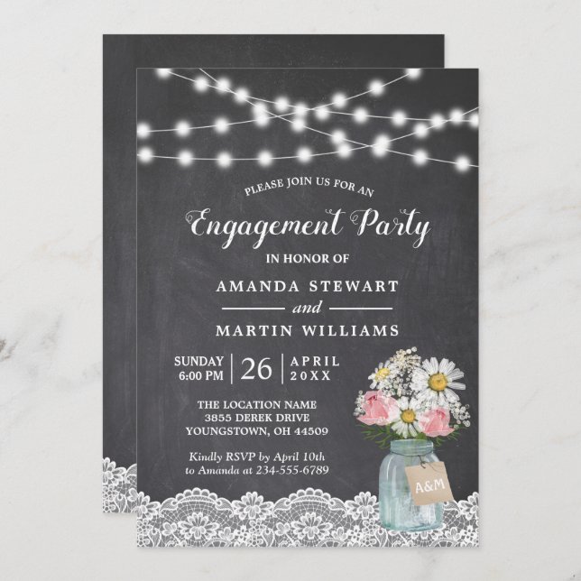 Chalkboard String Lights Floral Engagement Party Einladung (Vorne/Hinten)