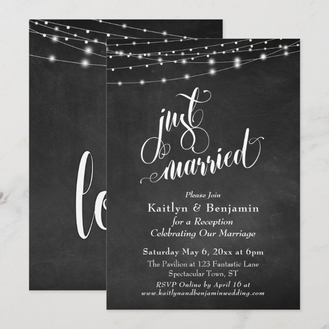 Chalkboard String Lights Just Married Celebration Einladung (Vorne/Hinten)
