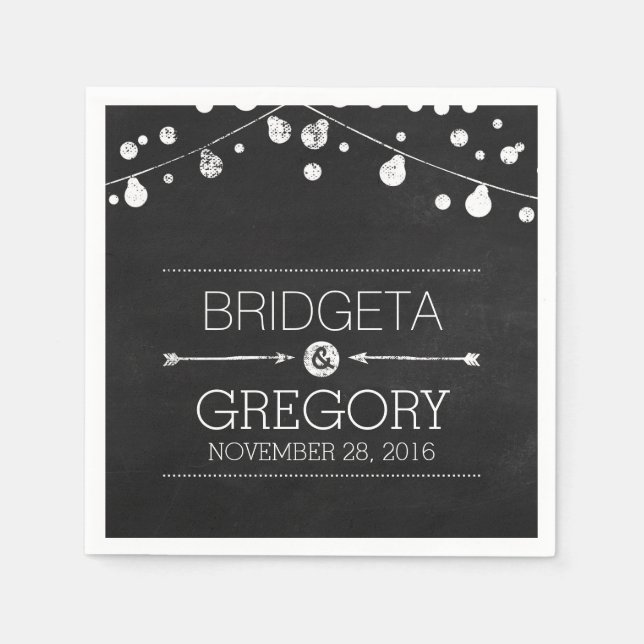 Chalkboard String Lights Rustikale Hochzeit Serviette (Vorderseite)