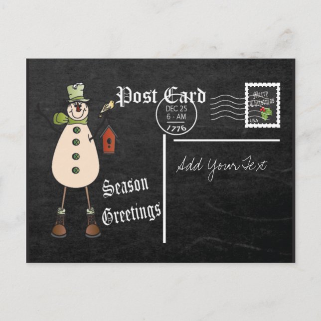 Chalkboard Style Green Snowman Postcard Feiertagspostkarte (Vorderseite)