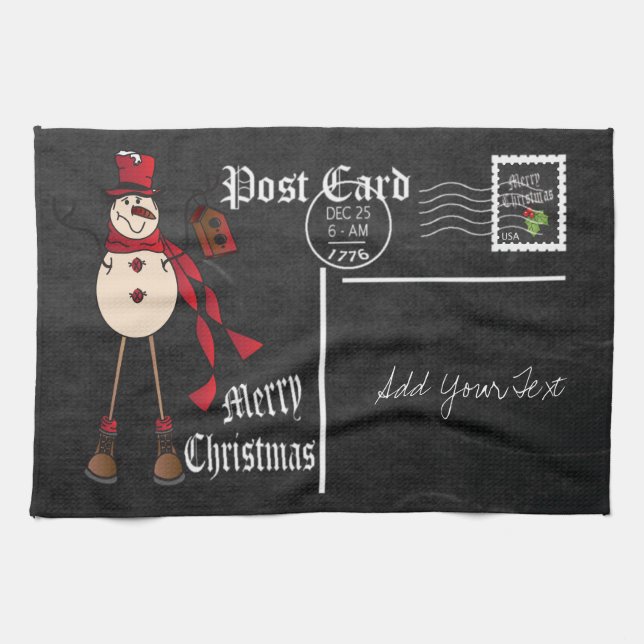 Chalkboard Style Red Snowman Postcard Design Geschirrtuch (Horizontal)