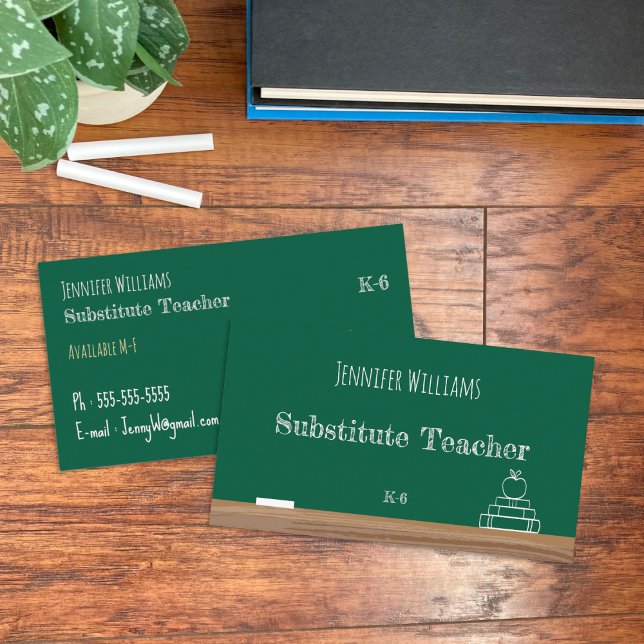 Chalkboard Substitute Teacher Business Cards Visitenkarte (Green chalkboard substitute teacher double-sided business cards .)