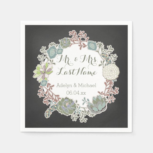 Chalkboard Succulent Wreath Wedding Paper Napkins Serviette (Vorderseite)