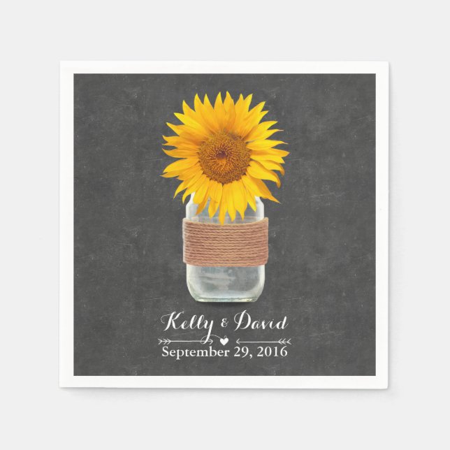Chalkboard Sunflower & Mason Jar Rustikale Hochzei Serviette (Vorderseite)