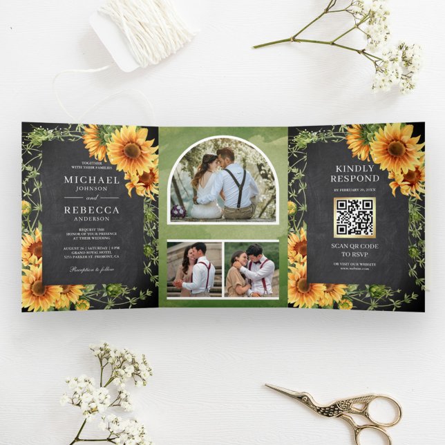 Chalkboard Sunflowers Foto Arch QR Code Hochzeit Dreifach Gefaltete Einladung (Von Creator hochgeladen)