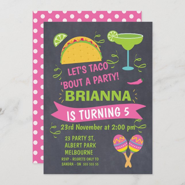 Chalkboard Taco Fiesta Einladung zum Geburtstag (Vorne/Hinten)