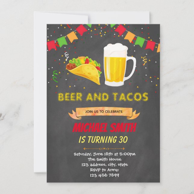 Chalkboard tacos-Bier Einladung zum Geburtstag (Vorderseite)