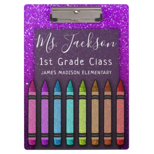 Chalkboard Teacher's Name Rainbow Glitzer Crayons Klemmbrett