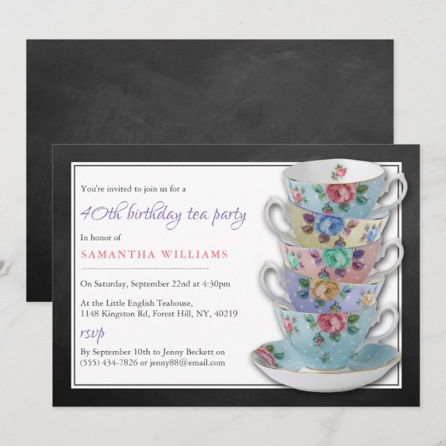 Chalkboard Teacups Geburtstags-Tee-Party Einladung (Vorne/Hinten)