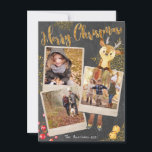 Chalkboard Three Foto Collage Weihnachtsfeiertag Feiertagskarte<br><div class="desc">Ein schönes trendiges Chalkboard-Stil mit drei Instant-Foto-Bildern umrahmt festliche Grußkarten mit lustigen Verzierungen und personalisiertem Text und Fotos. Fügen Sie drei Ihrer eigenen wertvollen Fotos, alle Ihre Namen auf der Rückseite und den Familiennamen vorne mit dem aktuellen Jahr und Sie sind gut zu gehen! Ein niedlicher Chalkboard-Hintergrund mit verstreuten goldenen...</div>