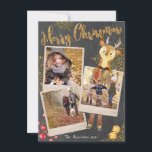Chalkboard Three Foto Collage Weihnachtsfeiertag Feiertagskarte<br><div class="desc">Ein schönes trendiges Chalkboard-Stil mit drei Instant-Foto-Bildern umrahmt festliche Grußkarten mit lustigen Verzierungen und personalisiertem Text und Fotos. Fügen Sie drei Ihrer eigenen wertvollen Fotos, alle Ihre Namen auf der Rückseite und den Familiennamen vorne mit dem aktuellen Jahr und Sie sind gut zu gehen! Ein niedlicher Chalkboard-Hintergrund mit verstreuten goldenen...</div>
