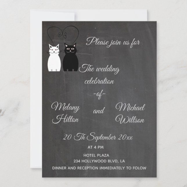 Chalkboard trendy niedliche Katzenpaare Hochzeit Einladung (Vorderseite)