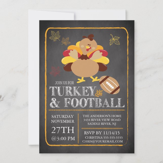Chalkboard Turkey Football Erntedank Einladung (Vorderseite)
