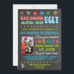 Chalkboard Ugly Christmas Sweater Foto Einladung<br><div class="desc">Super lustige hässliche Pulli Weihnachts-Party in einem Chalkboard-Stil gemacht. Moderne Schrift, Weihnachtsbeleuchtung und ein hässlicher Pullover vor einem schwarzen Brett. Ersetzen Sie einfach das hier gezeigte Foto durch Ihr Foto und passen Sie sich an. Wenn Sie möchten, dass ich die Einladung Set, bitte kontaktieren Sie mich. Handgezeichnete Abbildung von McBooboo....</div>