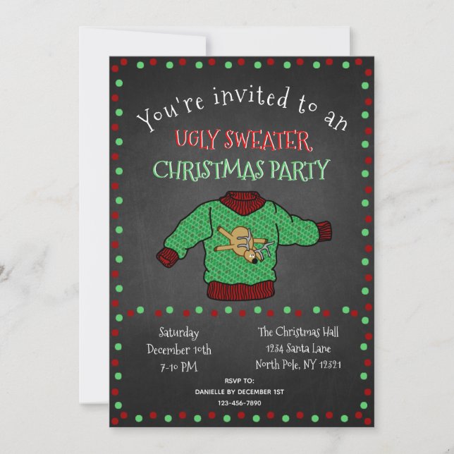 Chalkboard Ugly Sweater Christmas Party Einladung (Vorderseite)