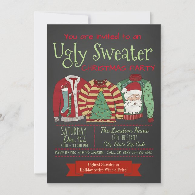 Chalkboard Ugly Sweater Weihnachts-Party Einladung (Vorderseite)