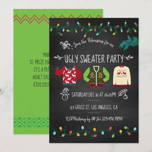 Chalkboard Ugly Sweater Weihnachts-Party Einladung (Vorne/Hinten)