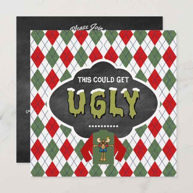 Chalkboard Ugly Sweater Weihnachts-Party Einladung (Vorne/Hinten)