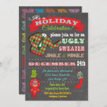 Chalkboard Ugly Sweater Weihnachts-Party Einladung<br><div class="desc">Super coole Ugly Sweater Holiday Weihnachtsfeiertage mit einer Illustration eines hässlichen Pullovers,  lustige Typografie und Banner auf einem Kalkboard Hintergrund. Handgezeichnete Abbildung von McBooboo.</div>