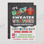 Chalkboard UGLY Weihnachts Sweater Einladungen<br><div class="desc">Dieses coole und farbenfrohe Tacky oder Ugly Christmas Sweater Party ist mit einem Pullover mit einem Lebkuchenmann,  fallendem Schnee und Stofftypografie auf einem Chalkboard-Hintergrund ausgestattet. Ideal für Kinder oder Erwachsene Urlaub Party! Handgezeichnete Abbildung von McBooboo.</div>