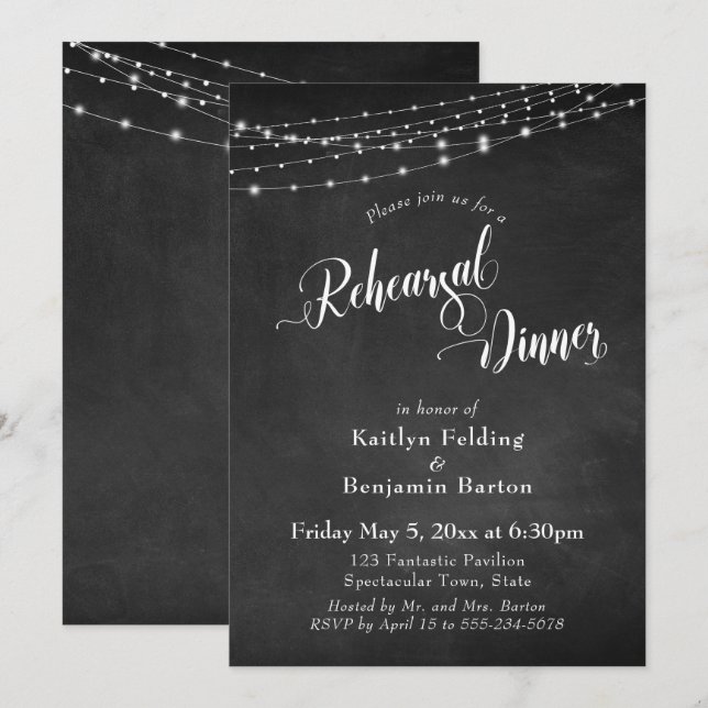 Chalkboard und Lights Wedding Probe Dinner Einladung (Vorne/Hinten)