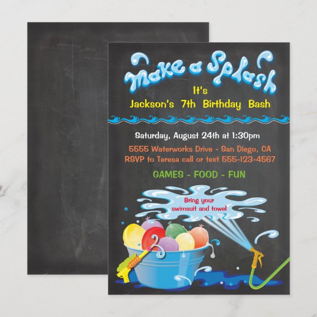 Chalkboard Wasserballon Birthday Pool Einladung (Vorne/Hinten)