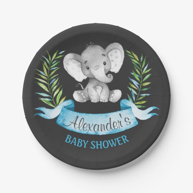 Chalkboard Wasserfarbe Elephant Boy Baby Dusche Pappteller (Vorderseite)