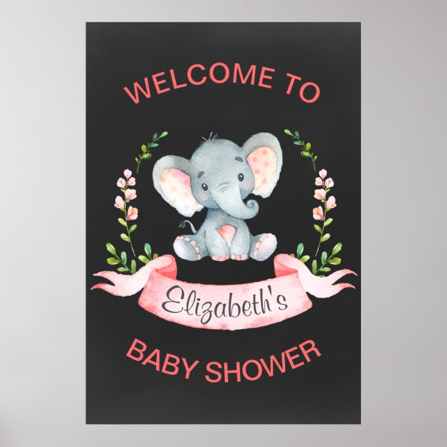 Chalkboard Wasserfarbe Elephant Girl Baby Dusche Poster (Vorne)
