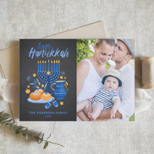Chalkboard Wasserfarbe Menorah Happy Hanukkah Foto Feiertagskarte