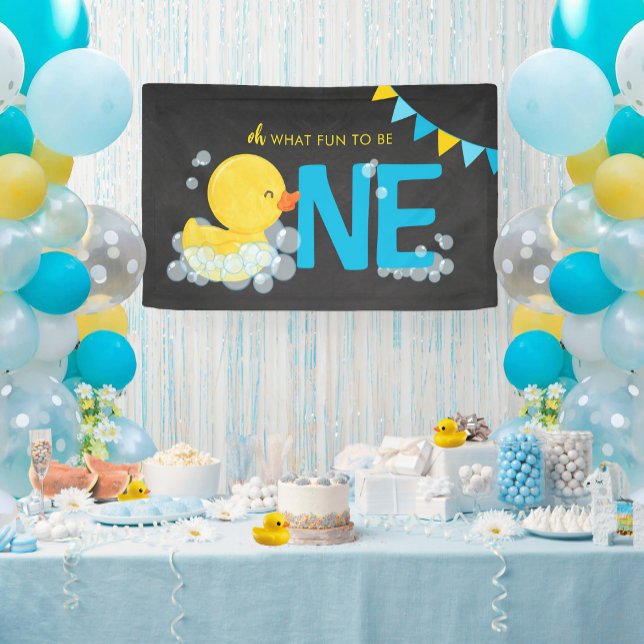 Chalkboard Wasserfarbendusche Ein-Party-Banner Banner (Chalkboard Watercolor Rubber Duck Oh What Fun To Be One Party Banner for Ducky 1st Birthday)