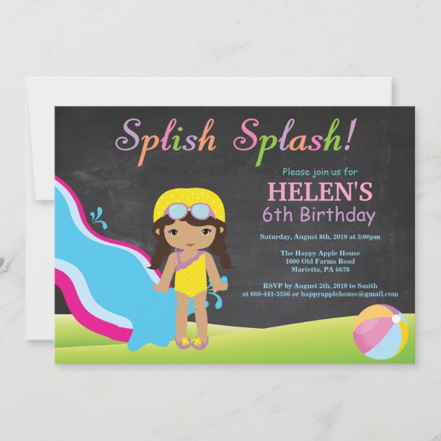 Chalkboard Water Slide Pool Geburtstagsparty Einladung (Vorderseite)