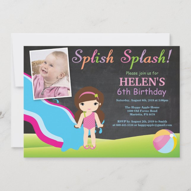 Chalkboard Water Slide Pool Geburtstagsparty Einladung (Vorderseite)