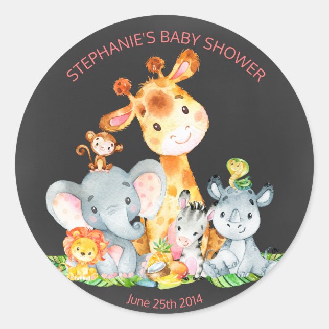 Chalkboard Watercol Niedliche Jungle Animals Stick Runder Aufkleber (Vorderseite)