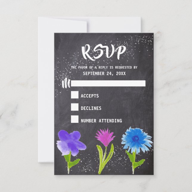 Chalkboard Watercolor Blume Wedding RSVP Karte (Vorderseite)