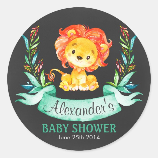 Chalkboard Watercolor Löwendusche Runder Aufkleber (Vorderseite)