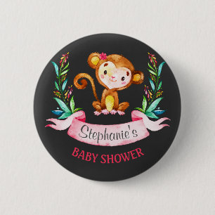 Chalkboard Watercolor Monkey Girl Baby Dusche Button