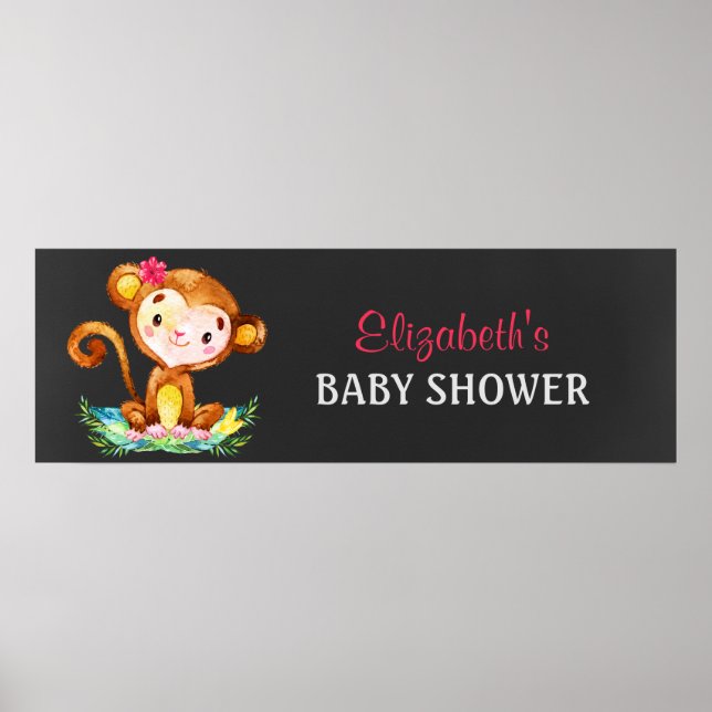 Chalkboard Watercolor Monkey Girl Baby Dusche Poster (Vorne)