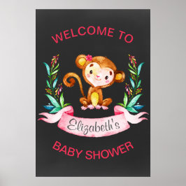 Chalkboard Watercolor Monkey Girl Baby Dusche Poster