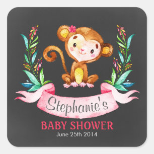 Chalkboard Watercolor Monkey Girl Baby Dusche Quadratischer Aufkleber
